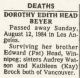 Dødsmelding Dorothy Edith Head Beyer Dødsmelding Dorothy Edith Head Beyer